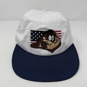 Vintage Looney Tunes Taz Hat Cap Strap Back White Navy USA Youth One Size 90s